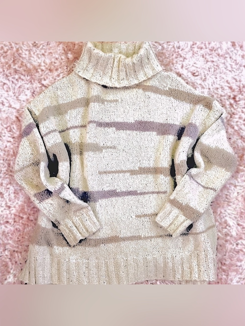 FATE || Oversized Cowlneck Stripe Sweater in Warm Cream + Violet Specks SZ Small